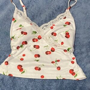 SHEIN White Cherry Print Lace Trim Tank Top